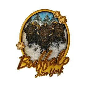 Snowy Charging Bisons Wooden Buffalo, NY Magnet