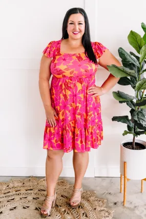 Square Neck Tiered Dress With Pockets In Tropical Sunset