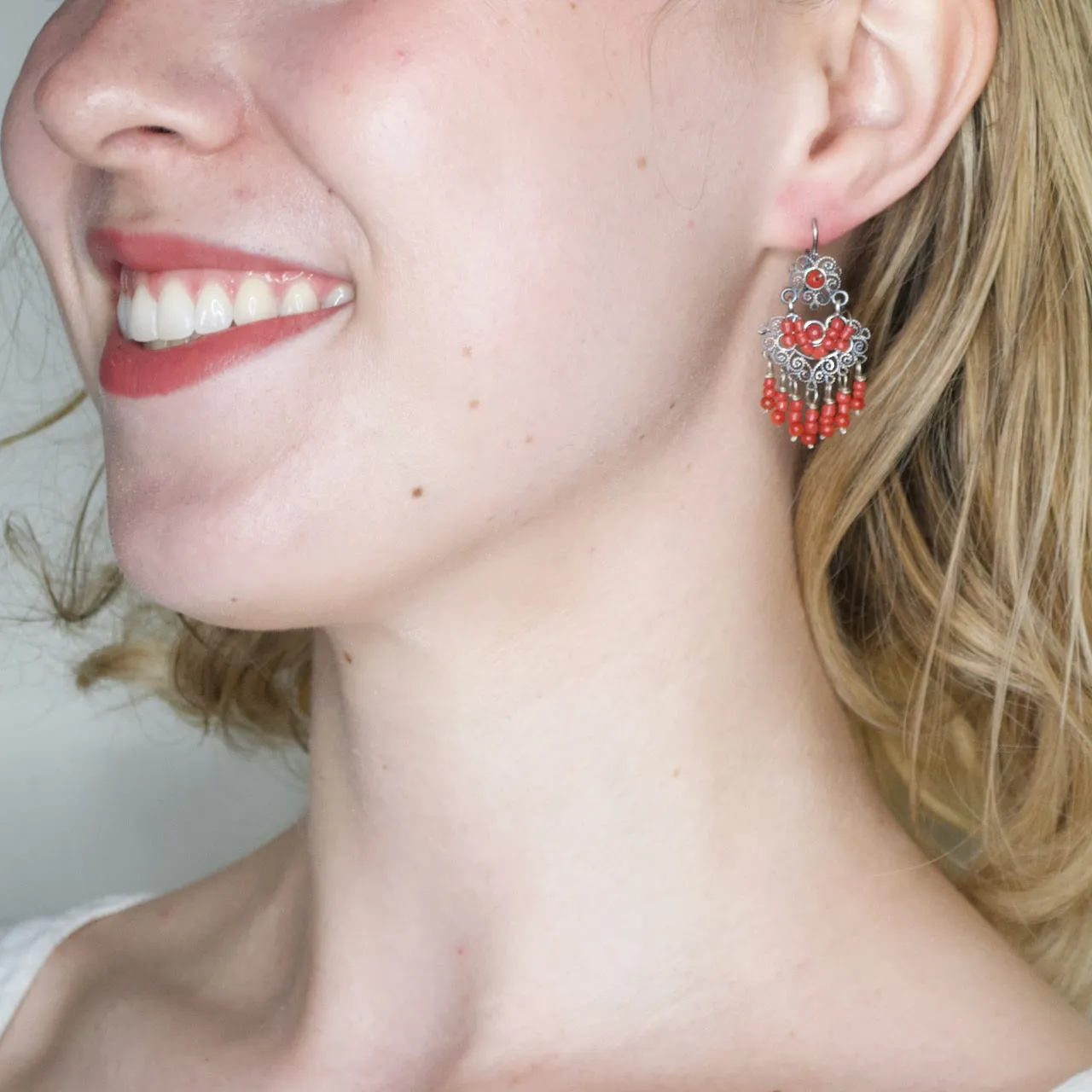 Sterling Silver Frida Kahlo Filigree Earrings with Coral Beads