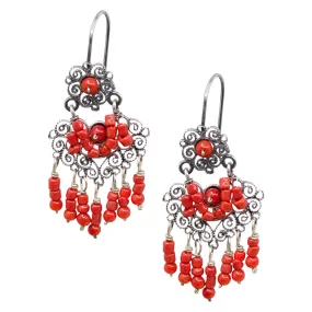 Sterling Silver Frida Kahlo Filigree Earrings with Coral Beads