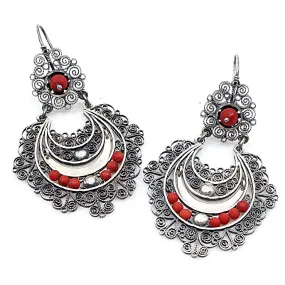 Sterling Silver Frida Kahlo Filigree Earrings with Red Coral Beads