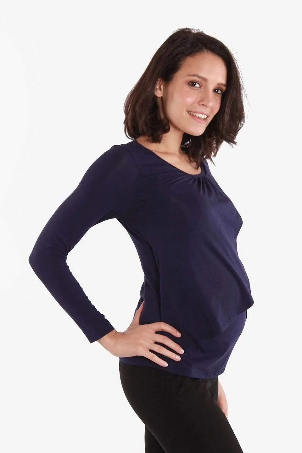 Vina Flap Nursing Top Bamboo Cotton Long Sleeve Navy