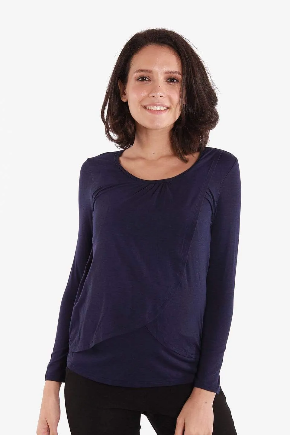 Vina Flap Nursing Top Bamboo Cotton Long Sleeve Navy