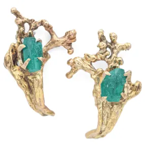 Vintage 12K Yellow Gold Raw Emerald Vine Stud Earrings