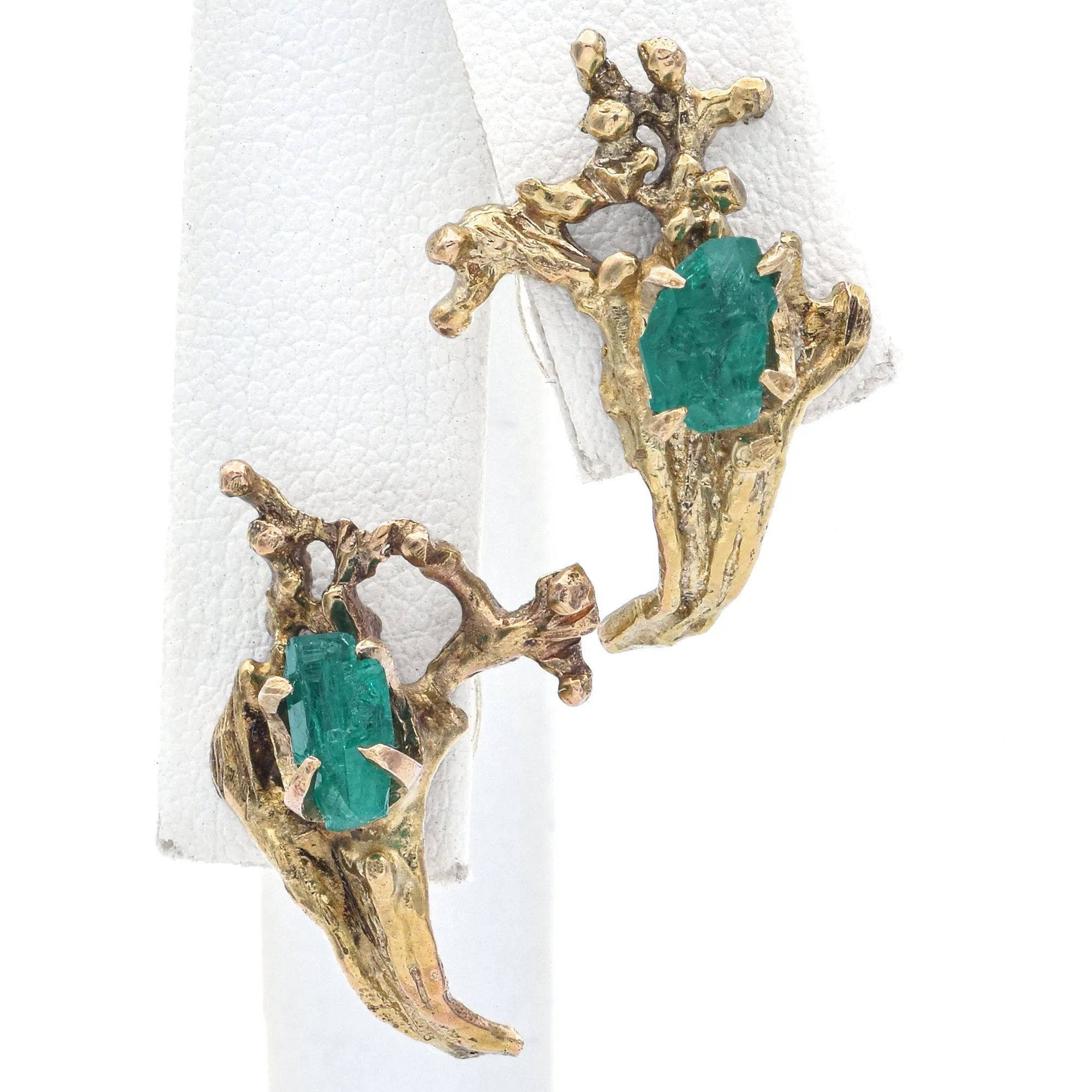 Vintage 12K Yellow Gold Raw Emerald Vine Stud Earrings