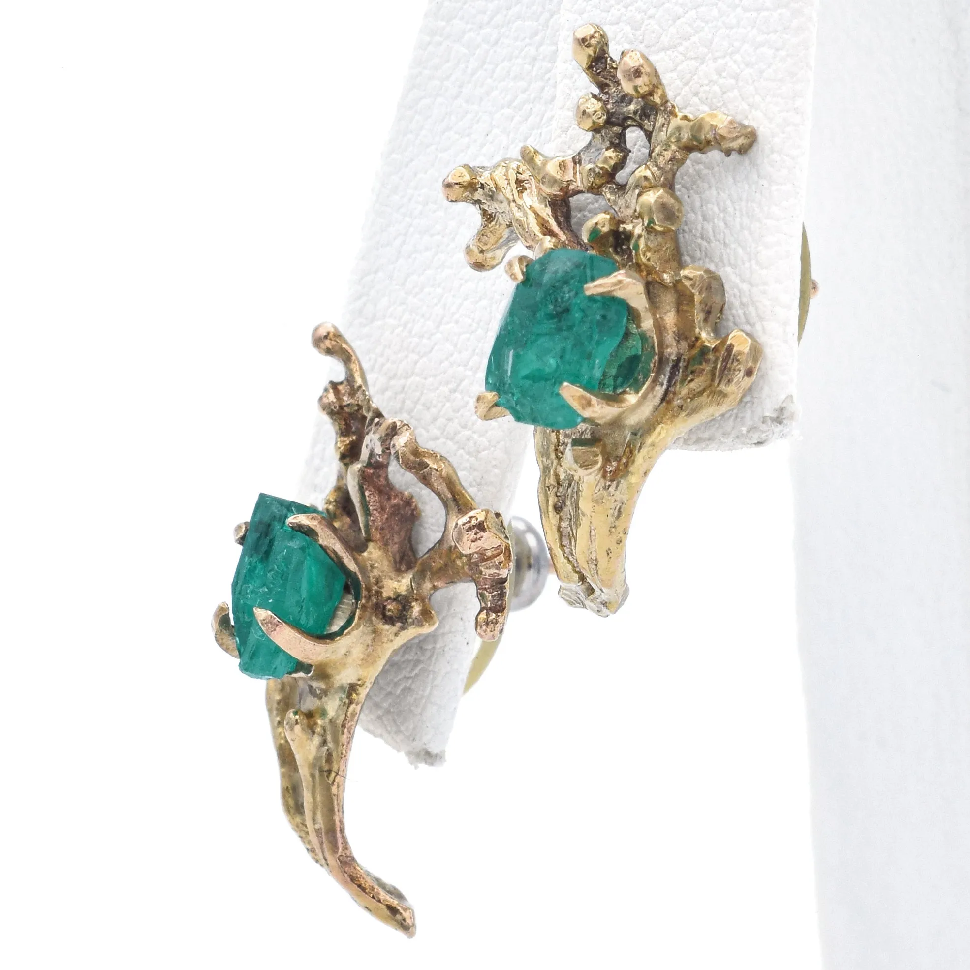 Vintage 12K Yellow Gold Raw Emerald Vine Stud Earrings